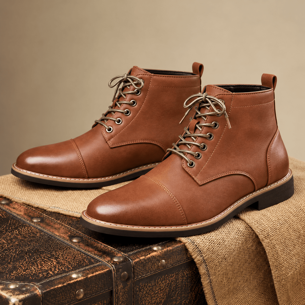 Oliver - Men's Lace-Up Ankle Boots with Cap Toe - Boots - Brown - Davies & Cooper