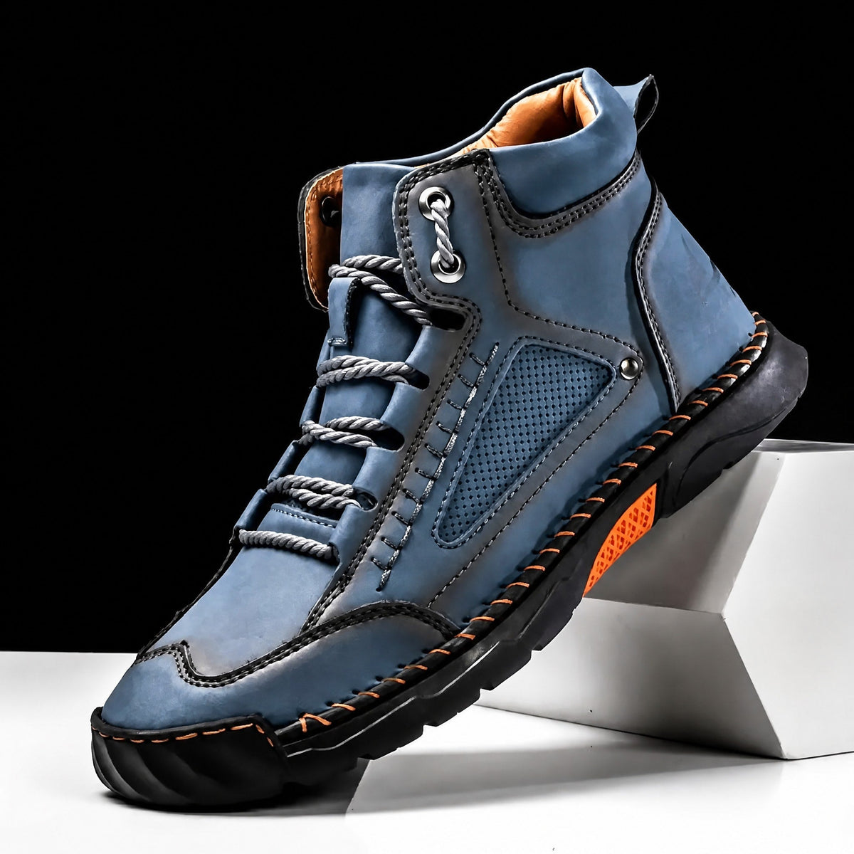 Oliver - Men's Lace-Up Ankle Boots with Round Toe and Rugged Outsole - Boots - Blue - Davies & Cooper
