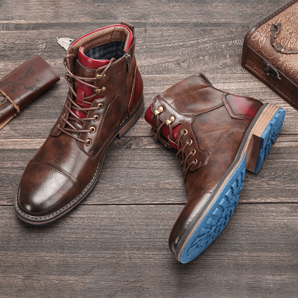 Oliver - Men's Lace-Up Ankle Boots with Side Zip - Boots - Dark Brown - Davies & Cooper
