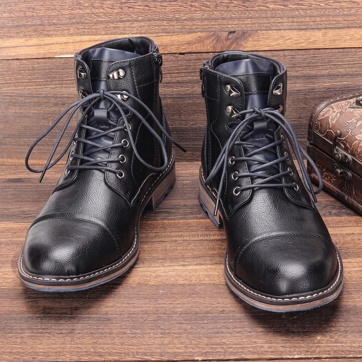 Oliver - Men's Lace-Up Ankle Boots with Side Zip - Boots - Black - Davies & Cooper