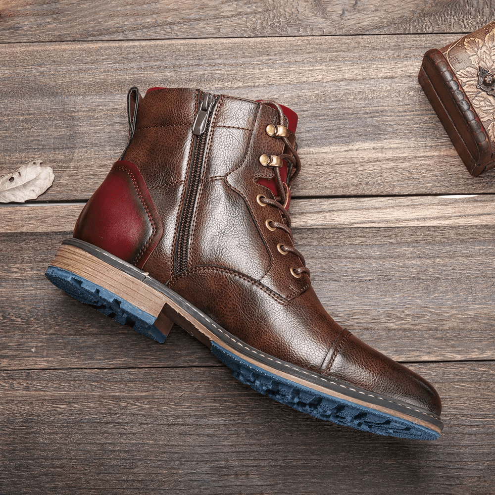 Oliver - Men's Lace-Up Ankle Boots with Side Zip - Boots - Dark Brown - Davies & Cooper