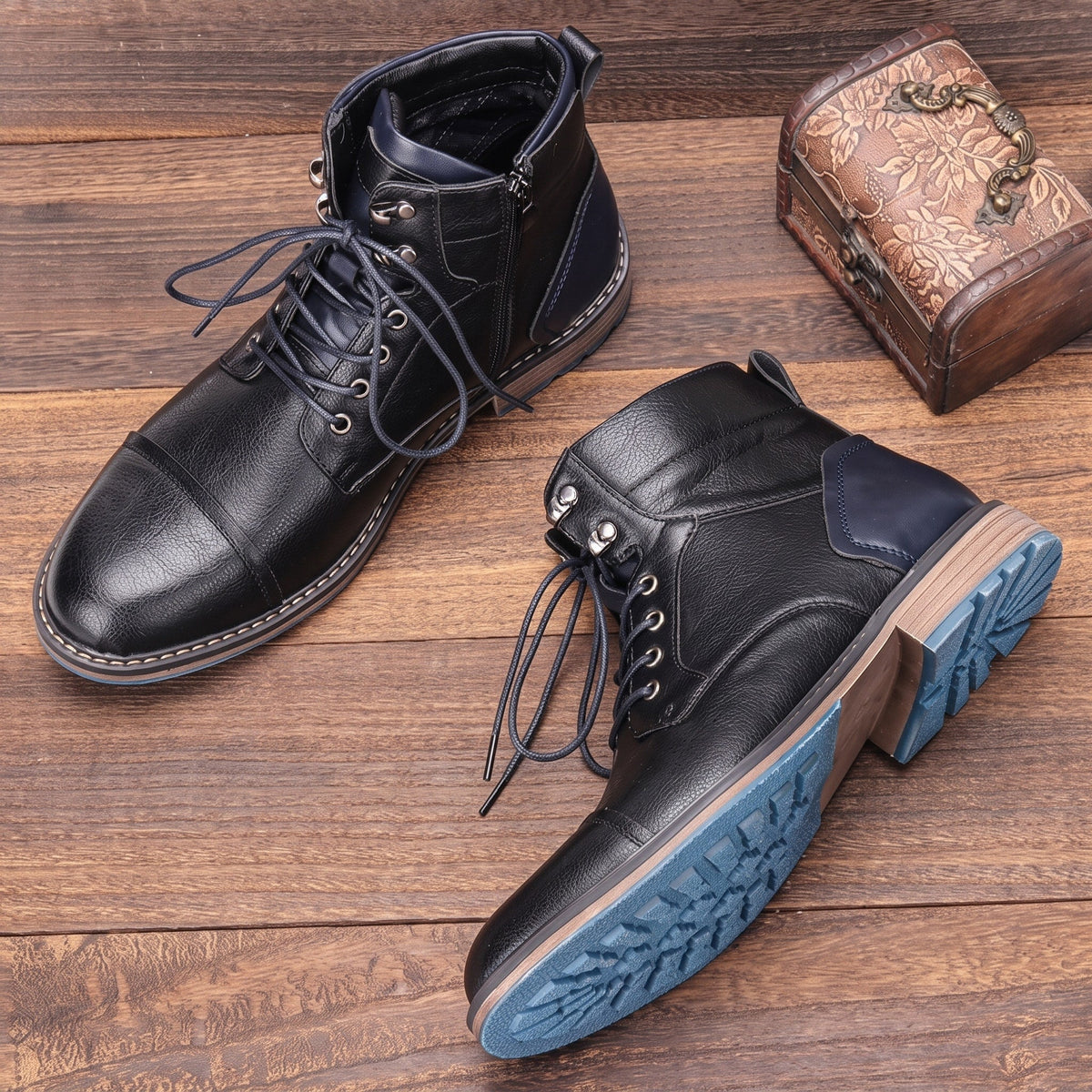 Oliver - Men's Lace-Up Ankle Boots with Side Zip - Boots - Black - Davies & Cooper