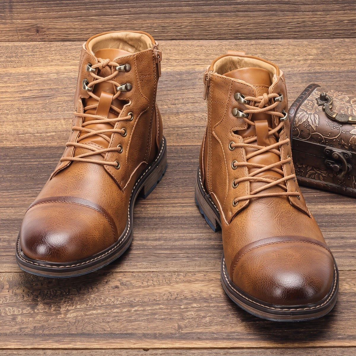 Oliver - Men's Lace-Up Ankle Boots with Side Zip - Boots - Light Brown - Davies & Cooper