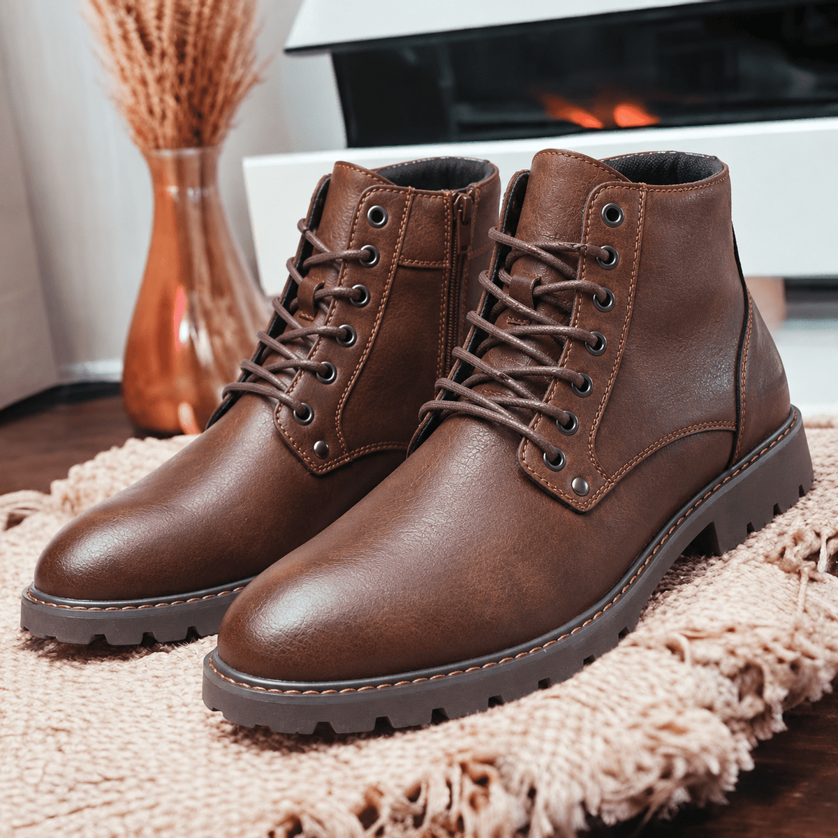 Oliver - Men's Lace-Up Ankle Boots with Zip Closure - Boots - Brown - Davies & Cooper