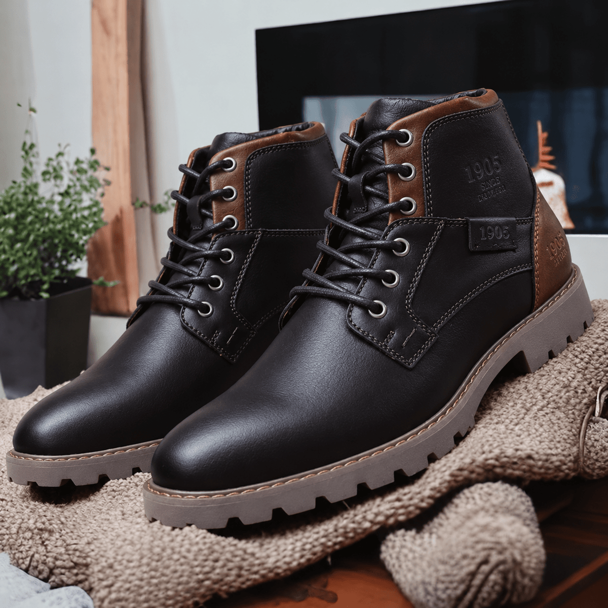 Oliver - Men's Lace-Up Ankle Boots with Zip Closure - Boots - Black - Davies & Cooper
