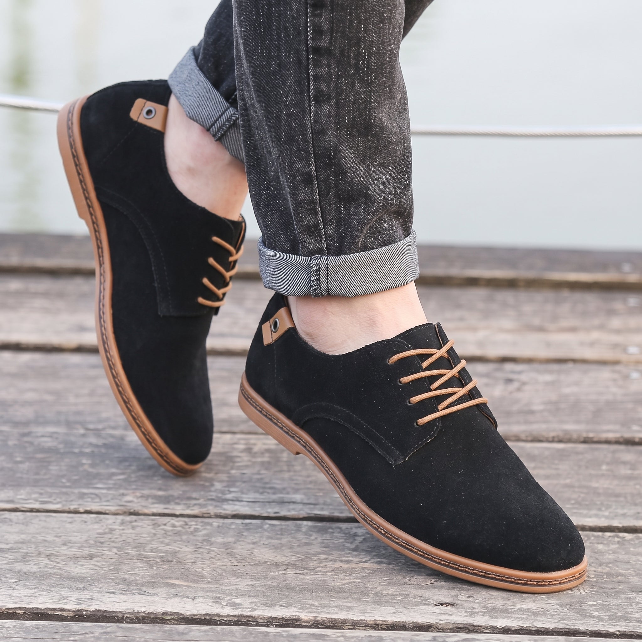 Oliver - Men's Lace-Up Suede-Look Derby Shoes with Contrast Sole - Shoes - Black - Davies & Cooper