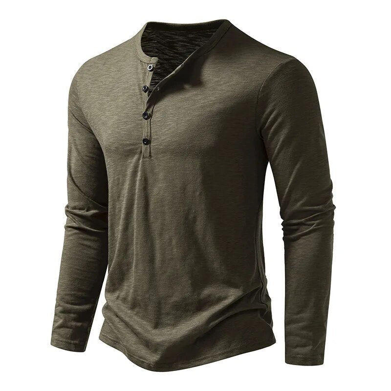 Oliver - Men's Long Sleeve Button-Neck Henley Shirt - Henley Shirts - Army Green - Davies & Cooper