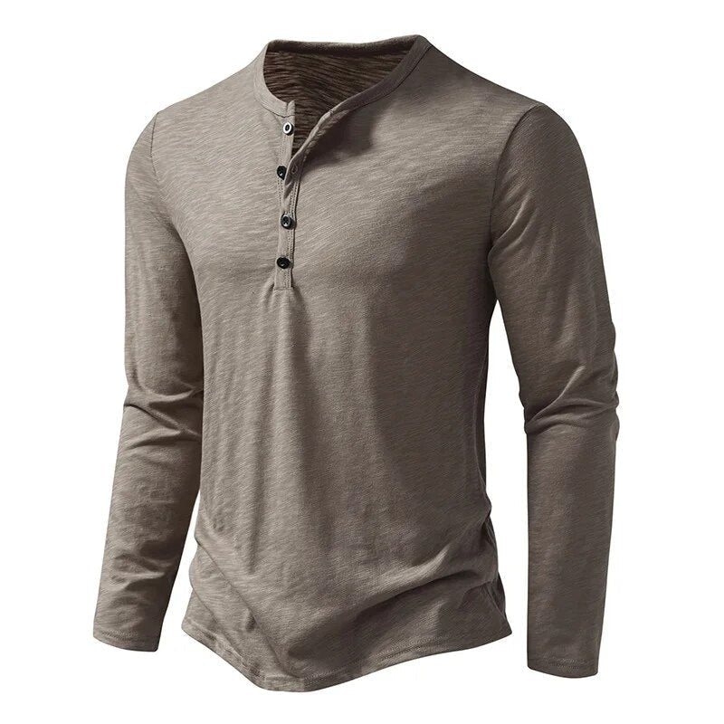 Oliver - Men's Long Sleeve Button-Neck Henley Shirt - Henley Shirts - Beige - Davies & Cooper