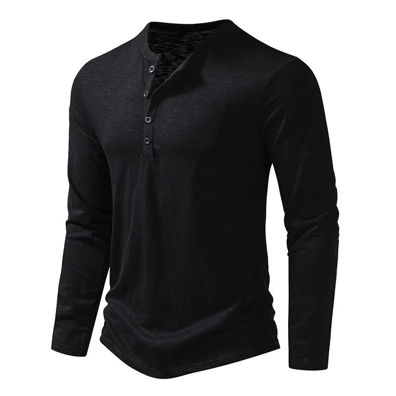 Oliver - Men's Long Sleeve Button-Neck Henley Shirt - Henley Shirts - Black - Davies & Cooper