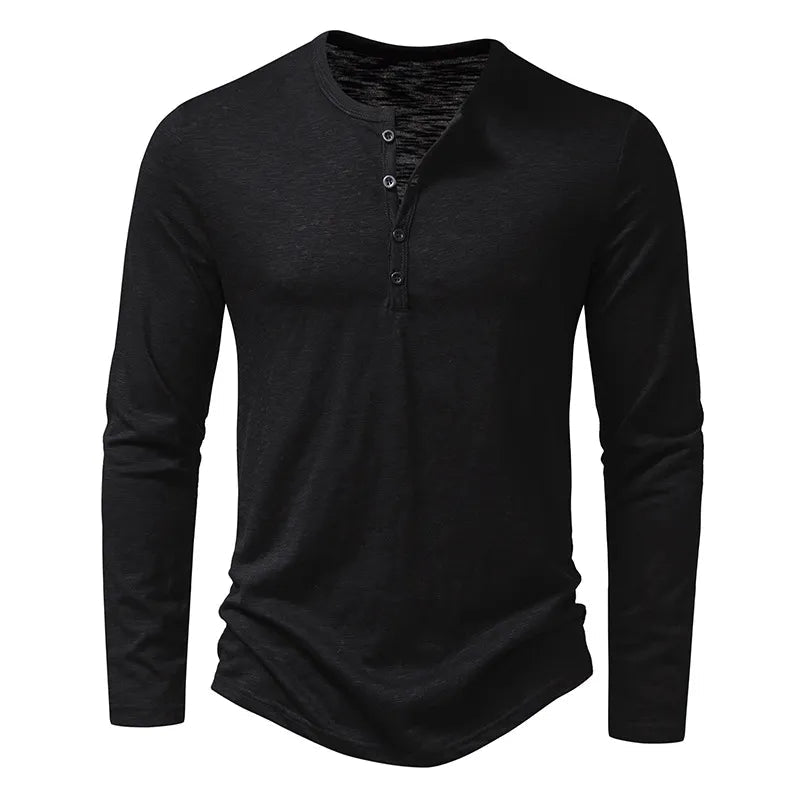 Oliver - Men's Long Sleeve Button-Neck Henley Shirt - Henley Shirts - Black - Davies & Cooper