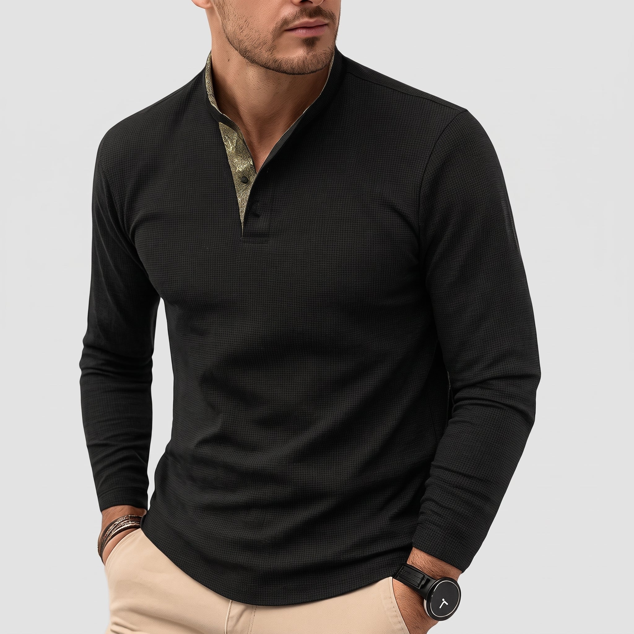 Oliver - Men's Long Sleeve Henley Polo Shirt with Contrast Placket - Polos - Black - Davies & Cooper