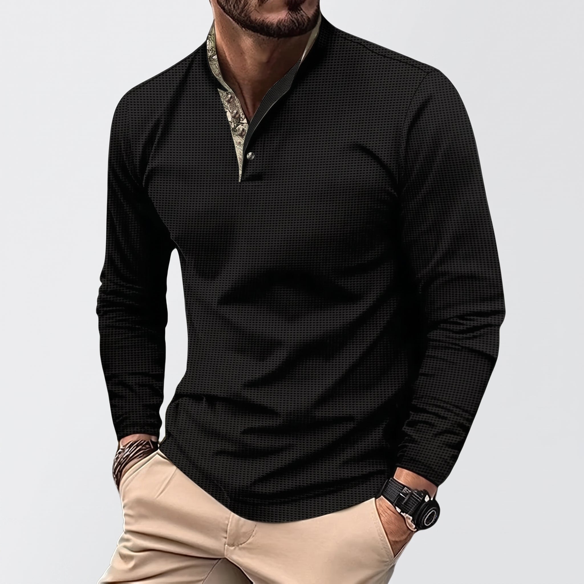 Oliver - Men's Long Sleeve Henley Polo Shirt with Contrast Placket - Polos - Black - Davies & Cooper