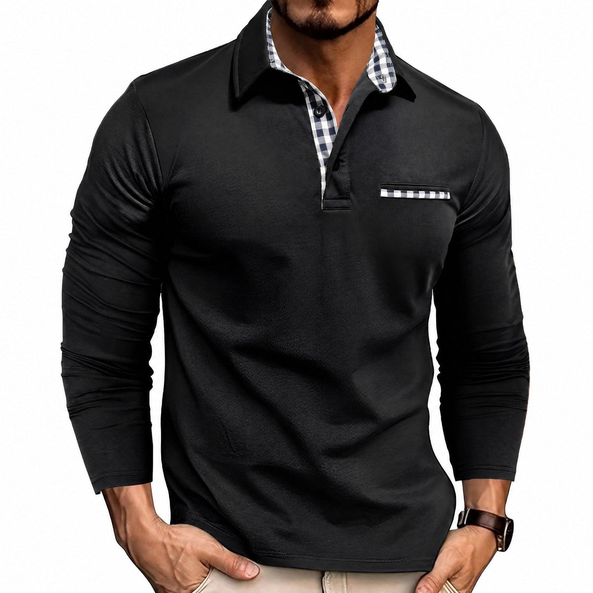 Oliver - Men's Long Sleeve Polo Shirt with Contrast Trim - Polos - Black - Davies & Cooper