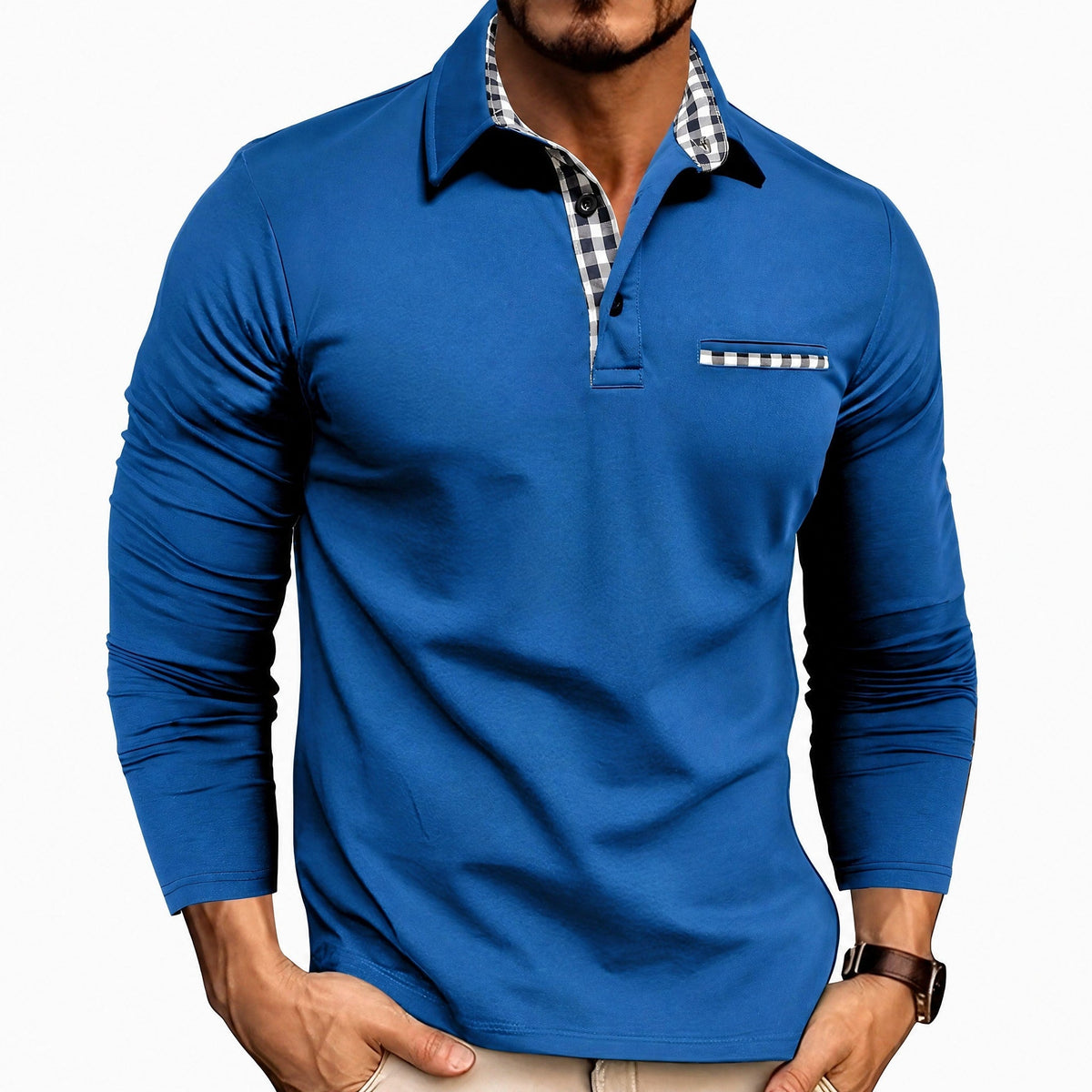 Oliver - Men's Long Sleeve Polo Shirt with Contrast Trim - Polos - Blue - Davies & Cooper