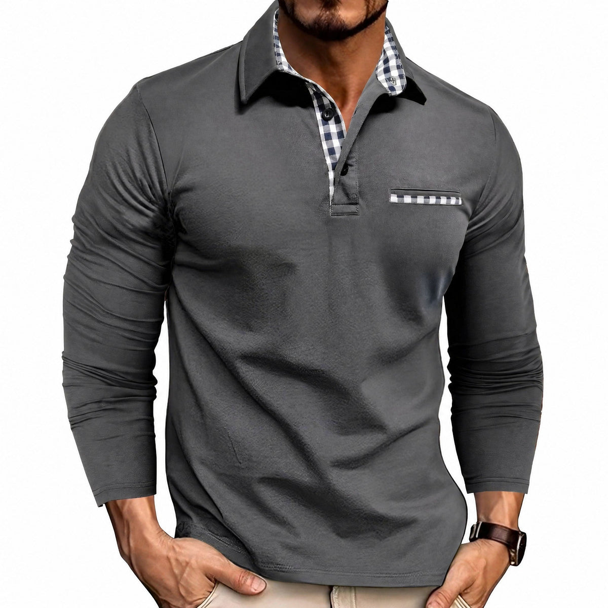 Oliver - Men's Long Sleeve Polo Shirt with Contrast Trim - Polos - Grey - Davies & Cooper