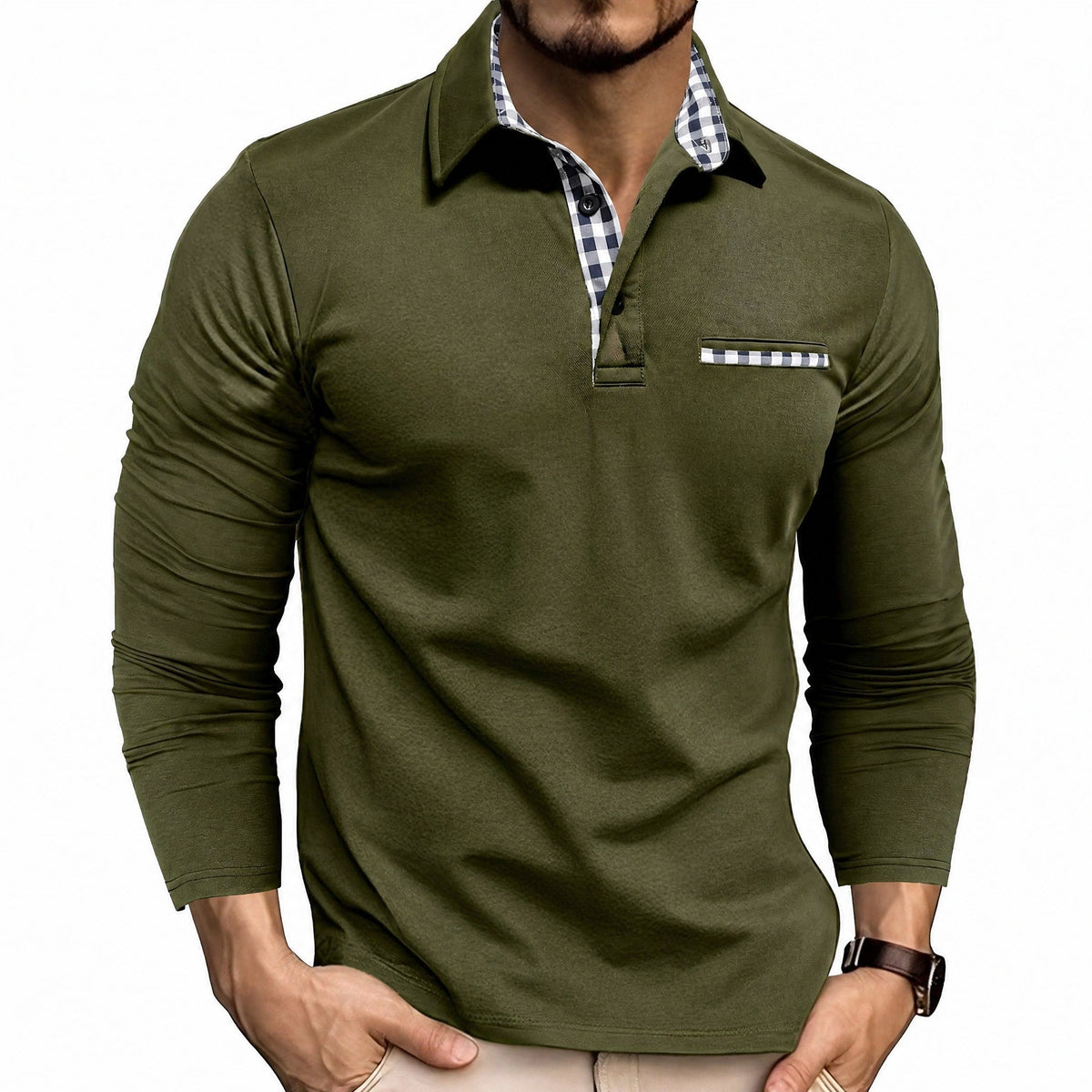 Oliver - Men's Long Sleeve Polo Shirt with Contrast Trim - Polos - Green - Davies & Cooper