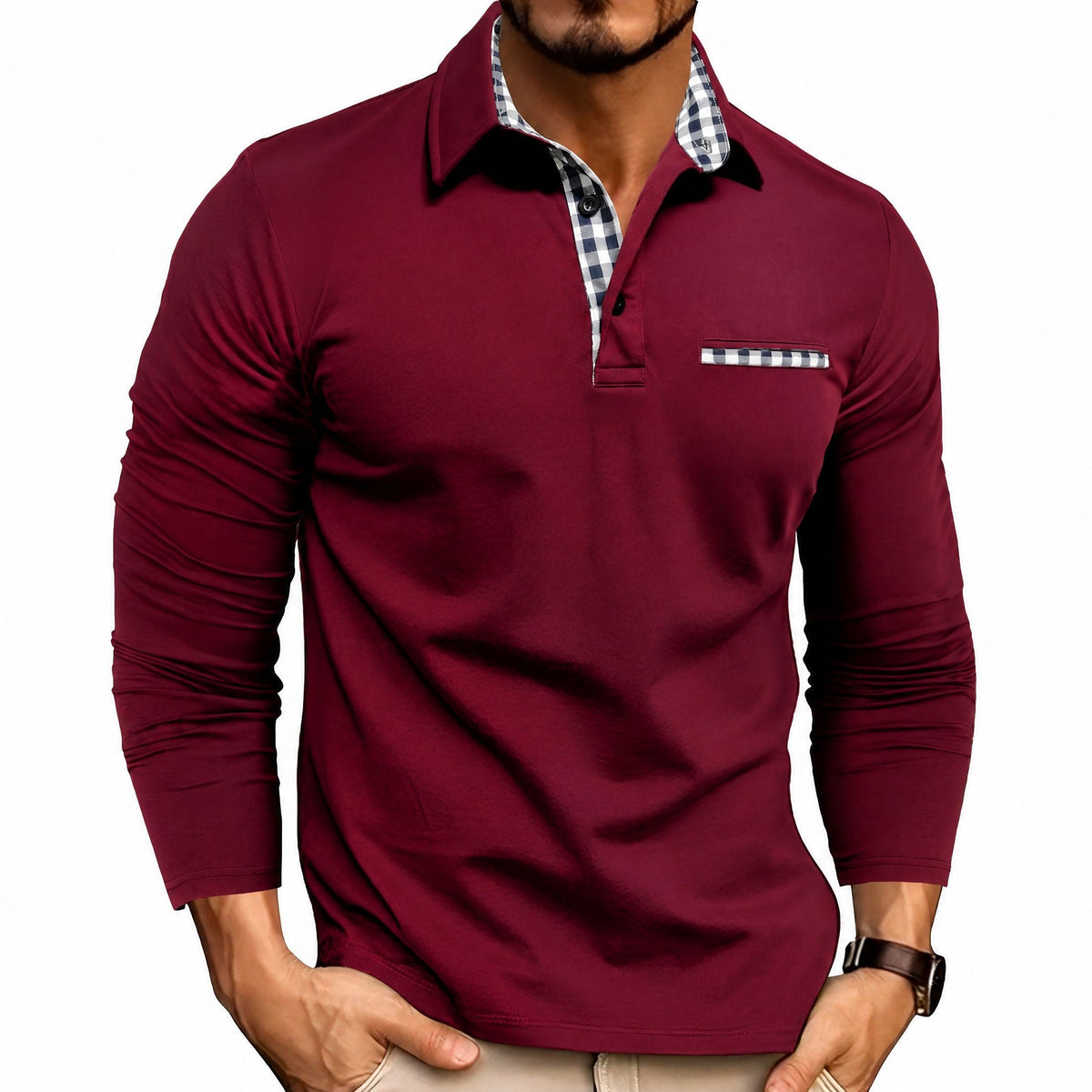 Oliver - Men's Long Sleeve Polo Shirt with Contrast Trim - Polos - Red - Davies & Cooper