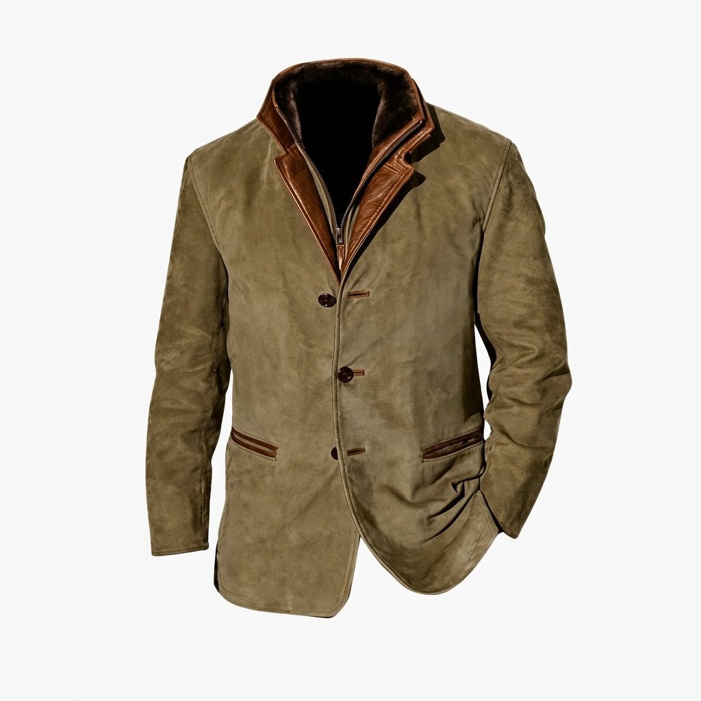 Oliver - Men's Longline Zip-Up Jacket with Contrast Collar - Blazers - Khaki - Davies & Cooper