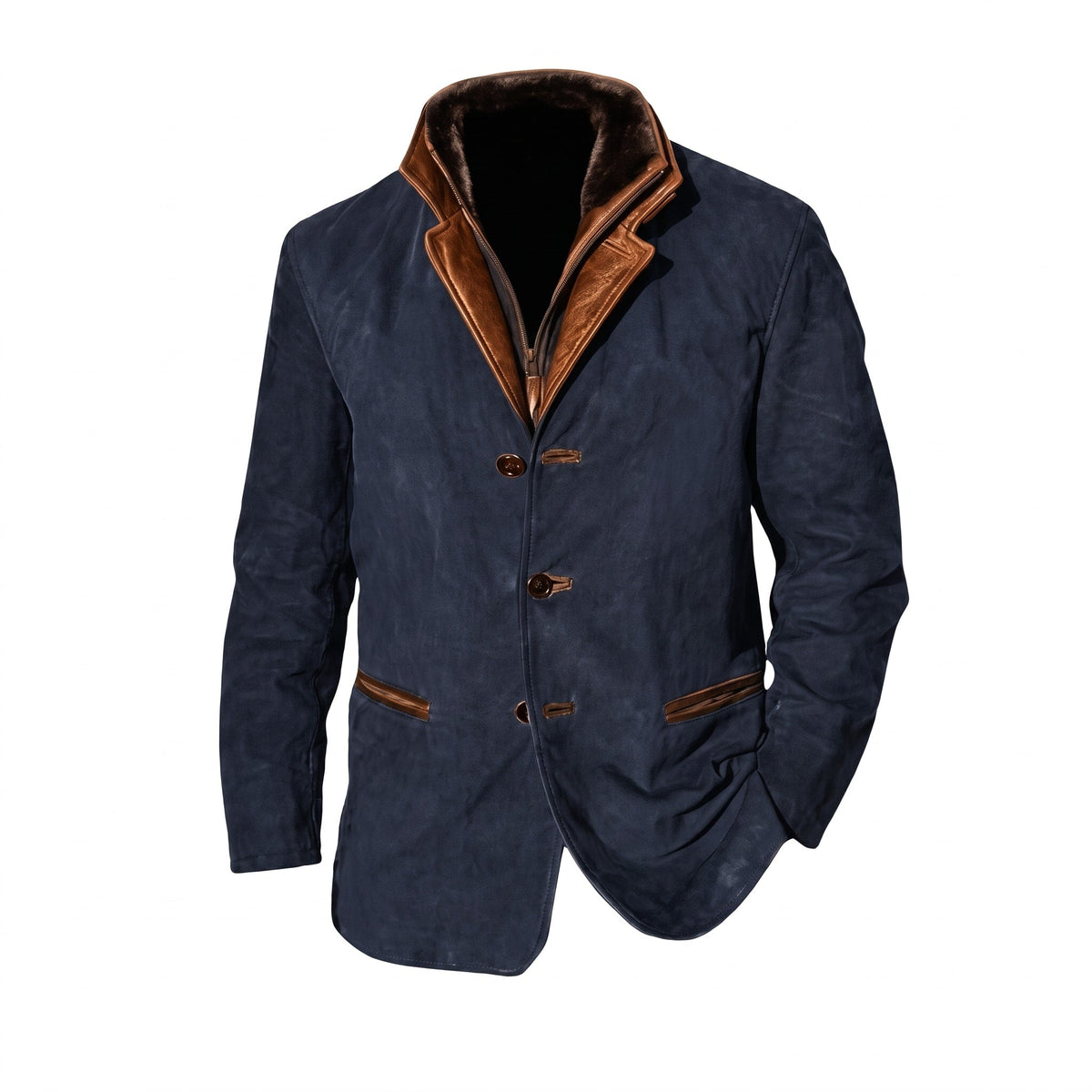Oliver - Men's Longline Zip-Up Jacket with Contrast Collar - Blazers - Navy Blue - Davies & Cooper