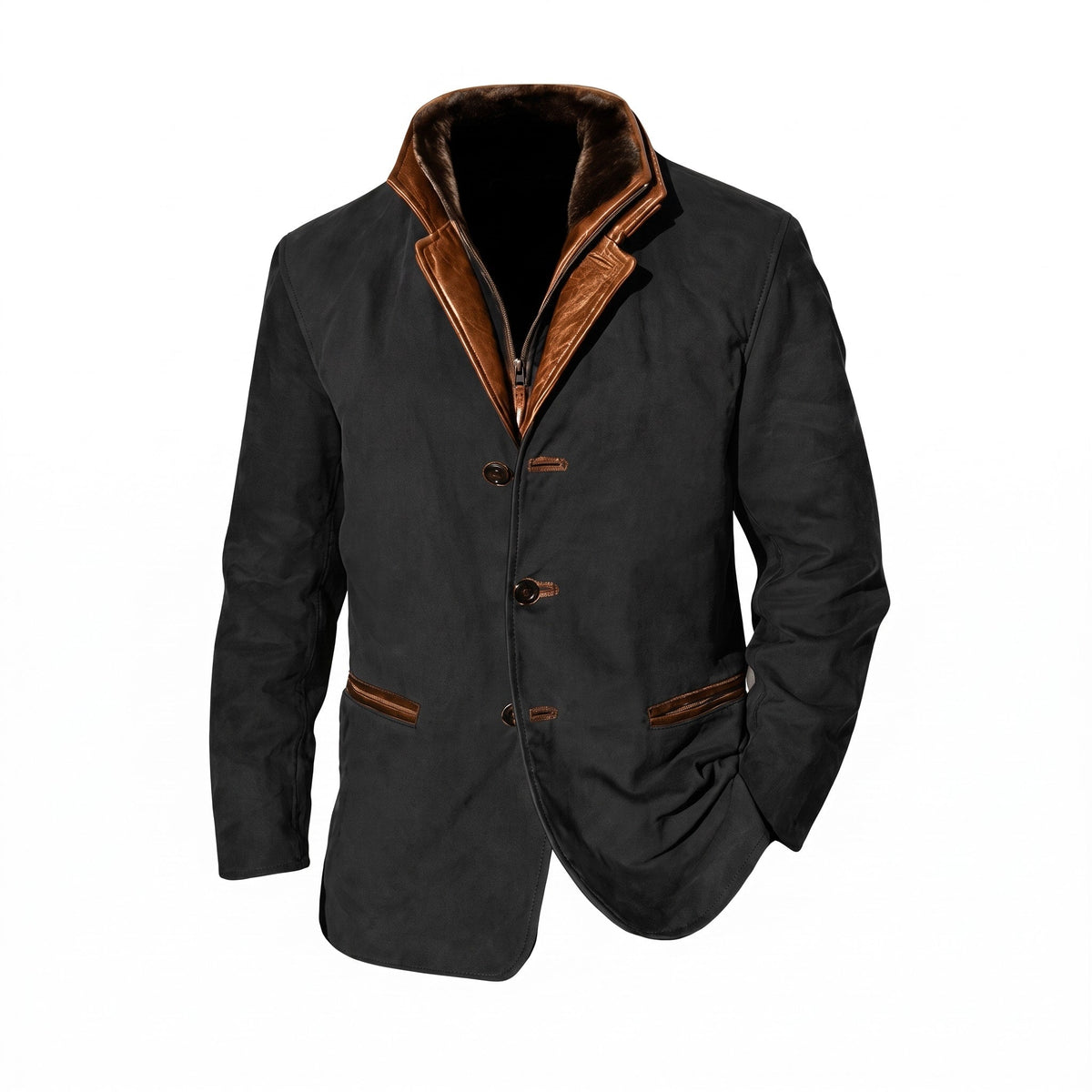 Oliver - Men's Longline Zip-Up Jacket with Contrast Collar - Blazers - Black - Davies & Cooper