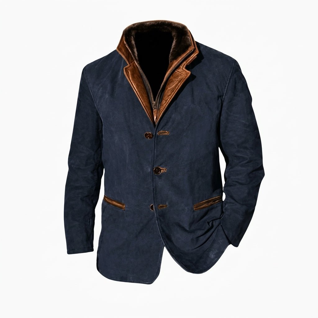 Oliver - Men's Longline Zip-Up Jacket with Contrast Collar - Blazers - Navy Blue - Davies & Cooper