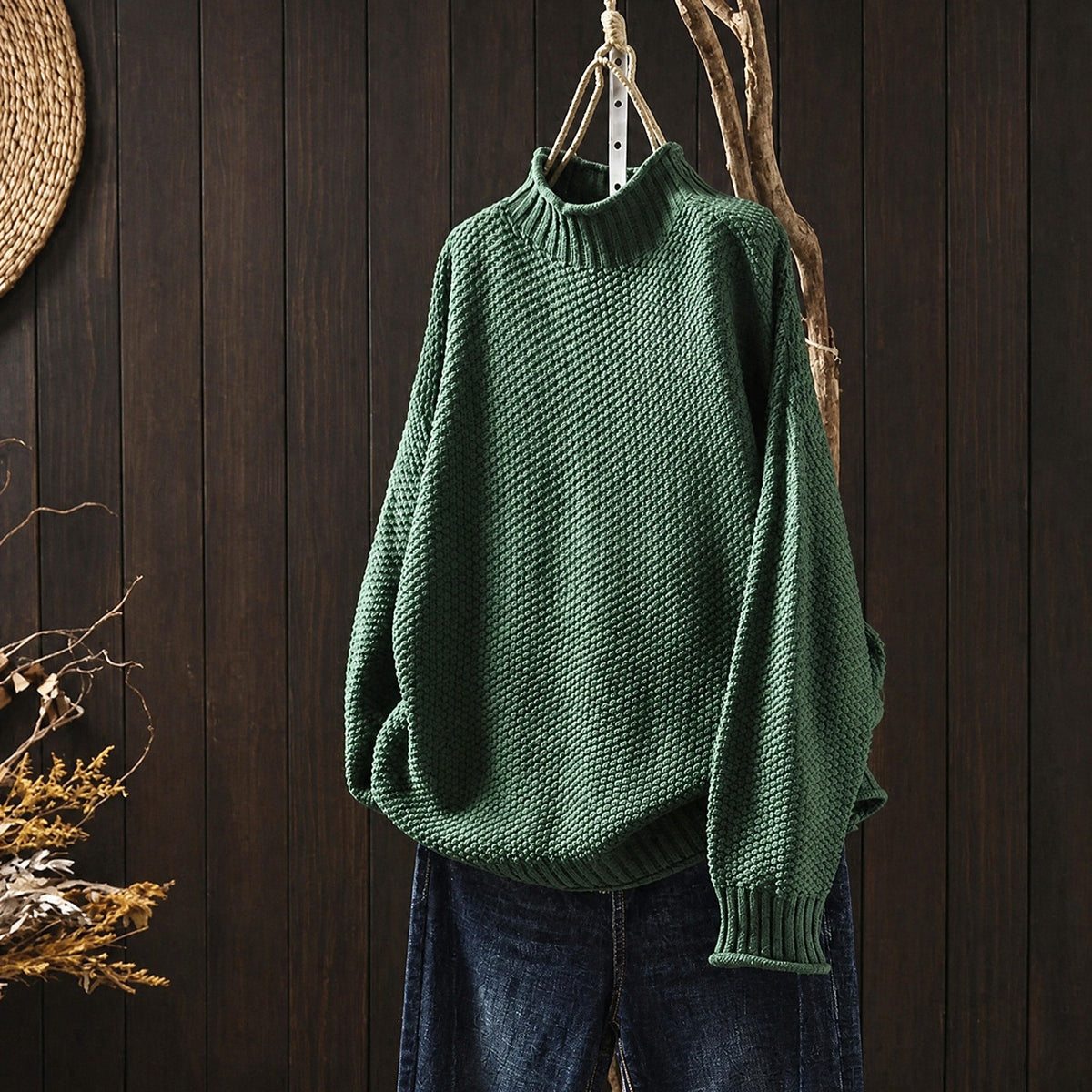 Oliver - Men's Oversized Chunky Knit Turtleneck Jumper with Ribbed Trim - Sweaters - Green - Davies & Cooper