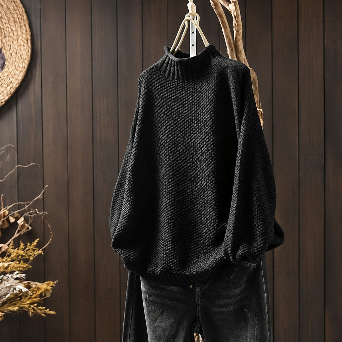 Oliver - Men's Oversized Chunky Knit Turtleneck Jumper with Ribbed Trim - Sweaters - Black - Davies & Cooper