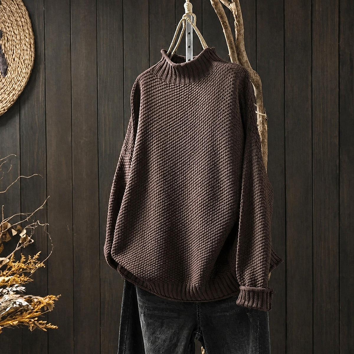 Oliver - Men's Oversized Chunky Knit Turtleneck Jumper with Ribbed Trim - Sweaters - Brown - Davies & Cooper