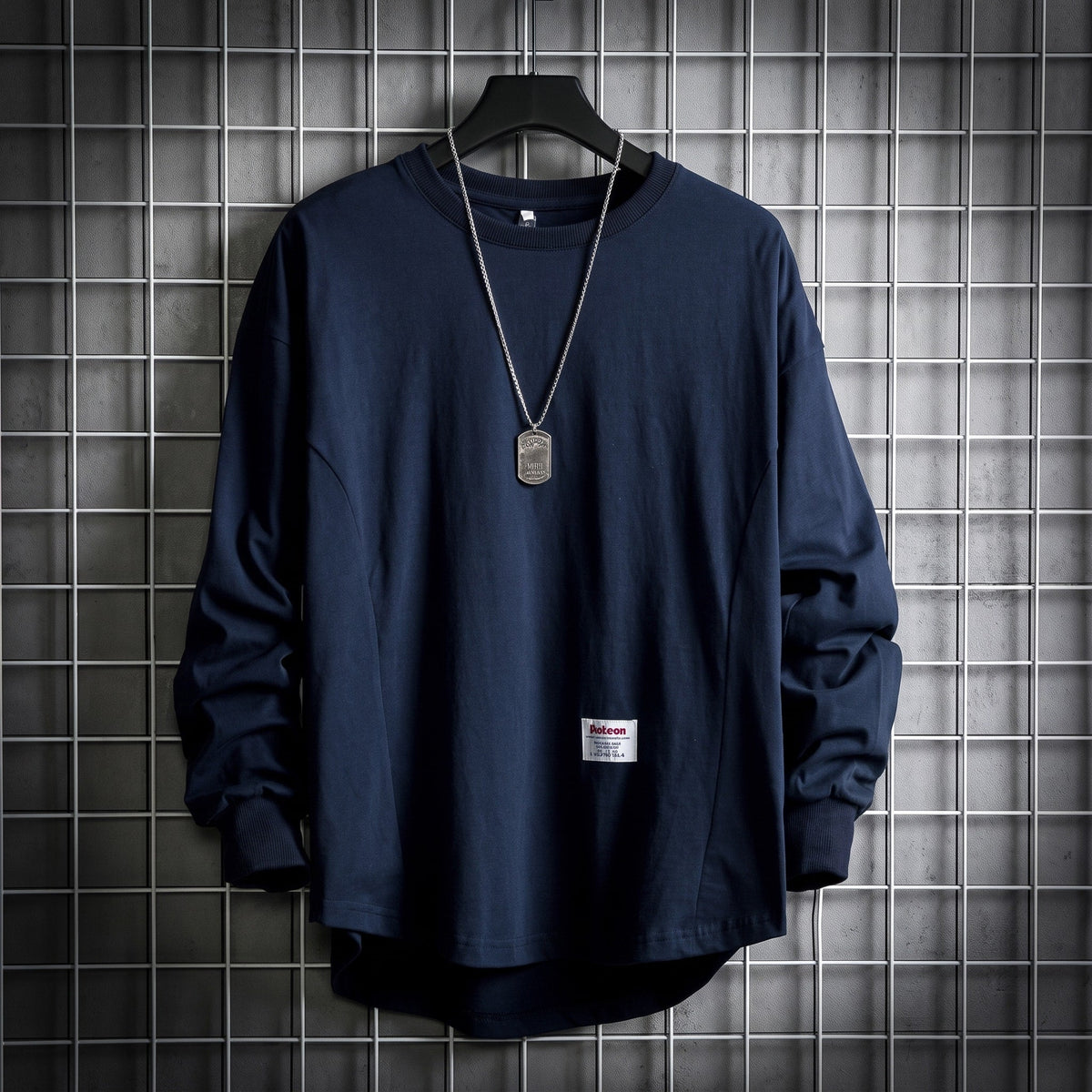 Oliver - Men's Oversized Drop Hem Long Sleeve T-Shirt with Ribbed Cuffs - T-Shirts - Navy - Davies & Cooper