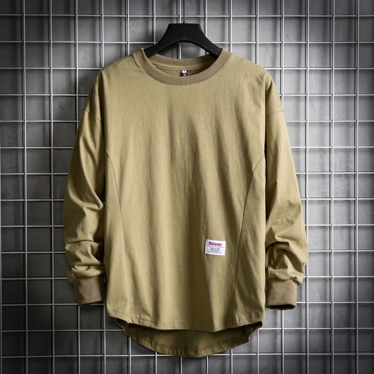 Oliver - Men's Oversized Drop Hem Long Sleeve T-Shirt with Ribbed Cuffs - T-Shirts - Khaki - Davies & Cooper