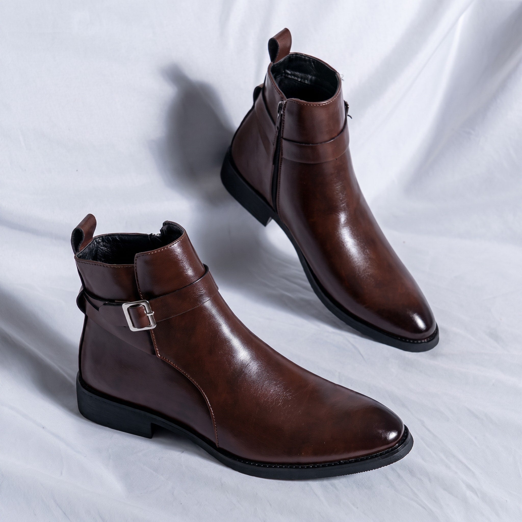 Oliver - Men's Pointed Toe Ankle Boots with Buckle Strap - Brown - Davies & Cooper