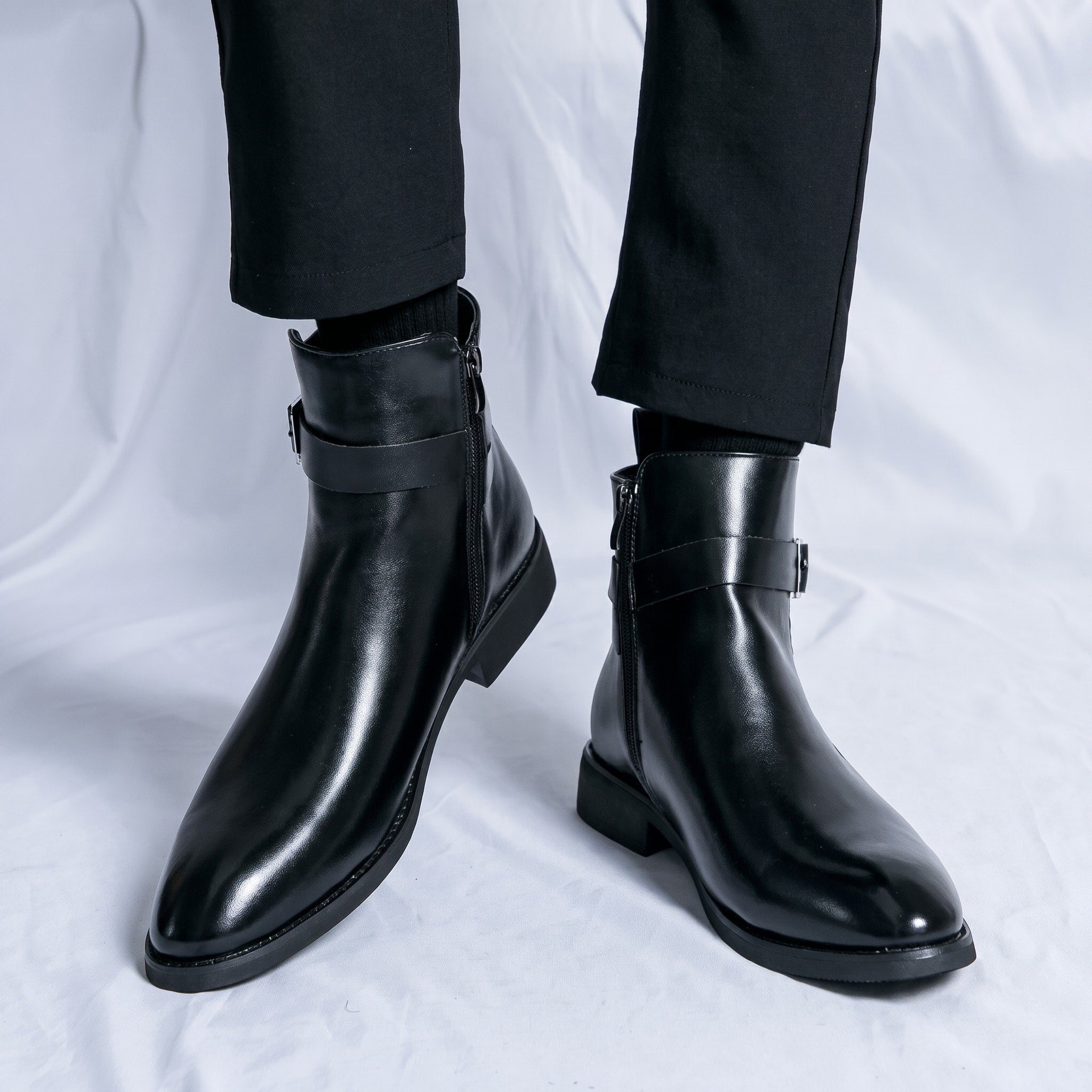 Oliver - Men's Pointed Toe Ankle Boots with Buckle Strap - Black - Davies & Cooper