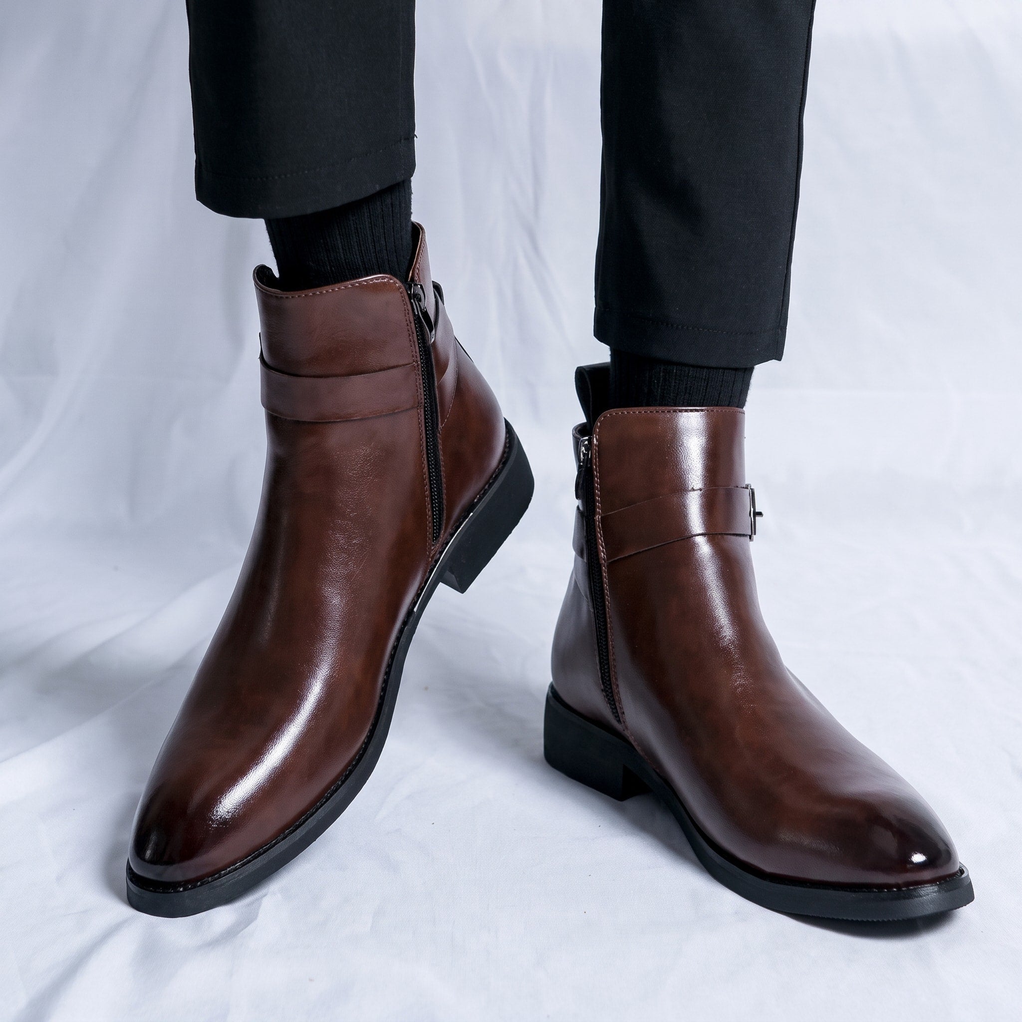 Oliver - Men's Pointed Toe Ankle Boots with Buckle Strap - Brown - Davies & Cooper
