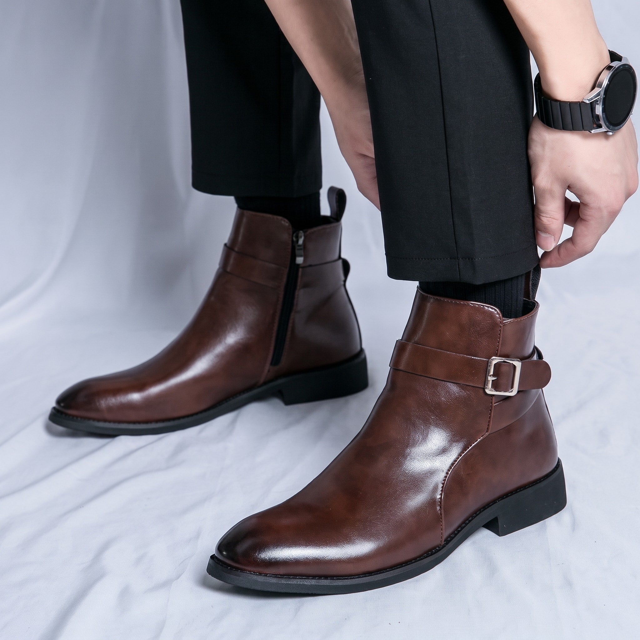 Oliver - Men's Pointed Toe Ankle Boots with Buckle Strap - Brown - Davies & Cooper