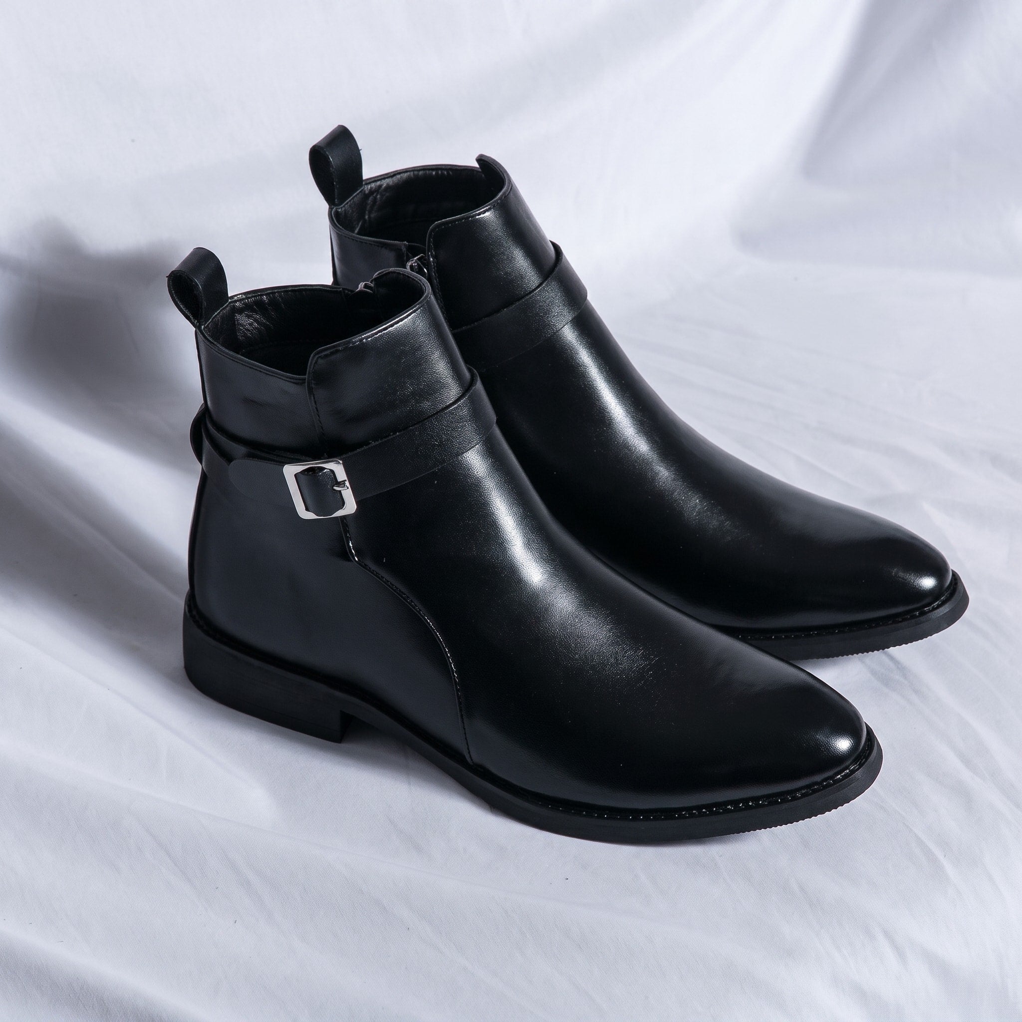 Oliver - Men's Pointed Toe Ankle Boots with Buckle Strap - Black - Davies & Cooper