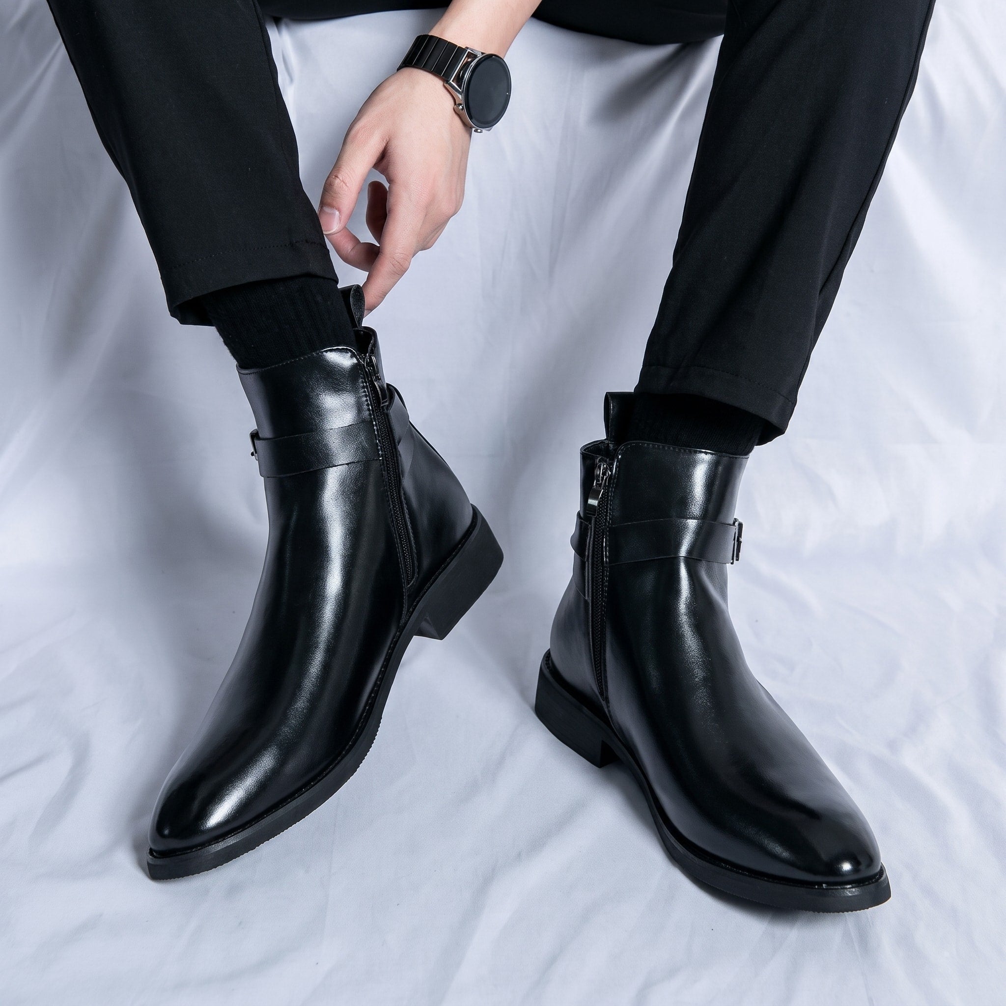 Oliver - Men's Pointed Toe Ankle Boots with Buckle Strap - Black - Davies & Cooper