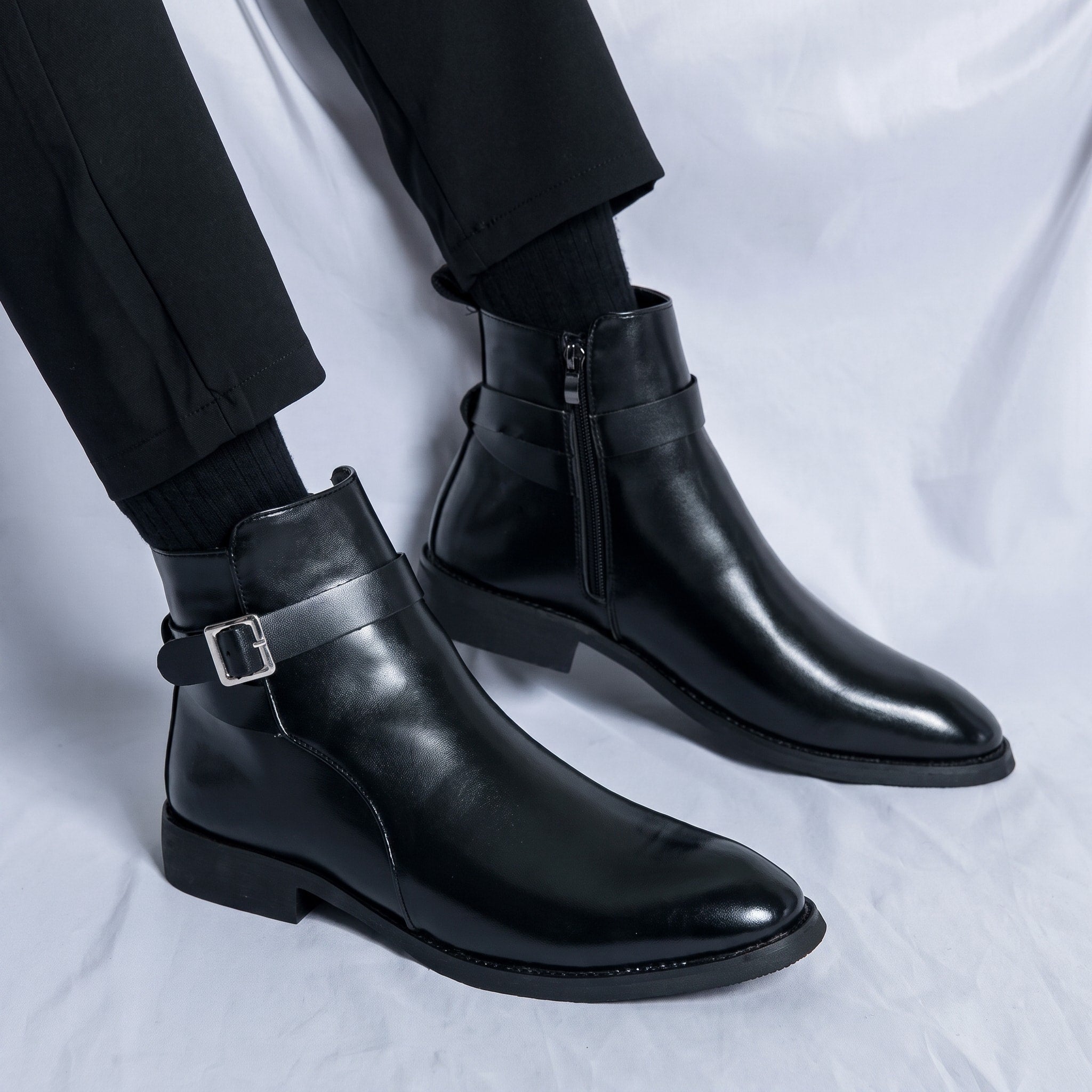 Oliver - Men's Pointed Toe Ankle Boots with Buckle Strap - Black - Davies & Cooper
