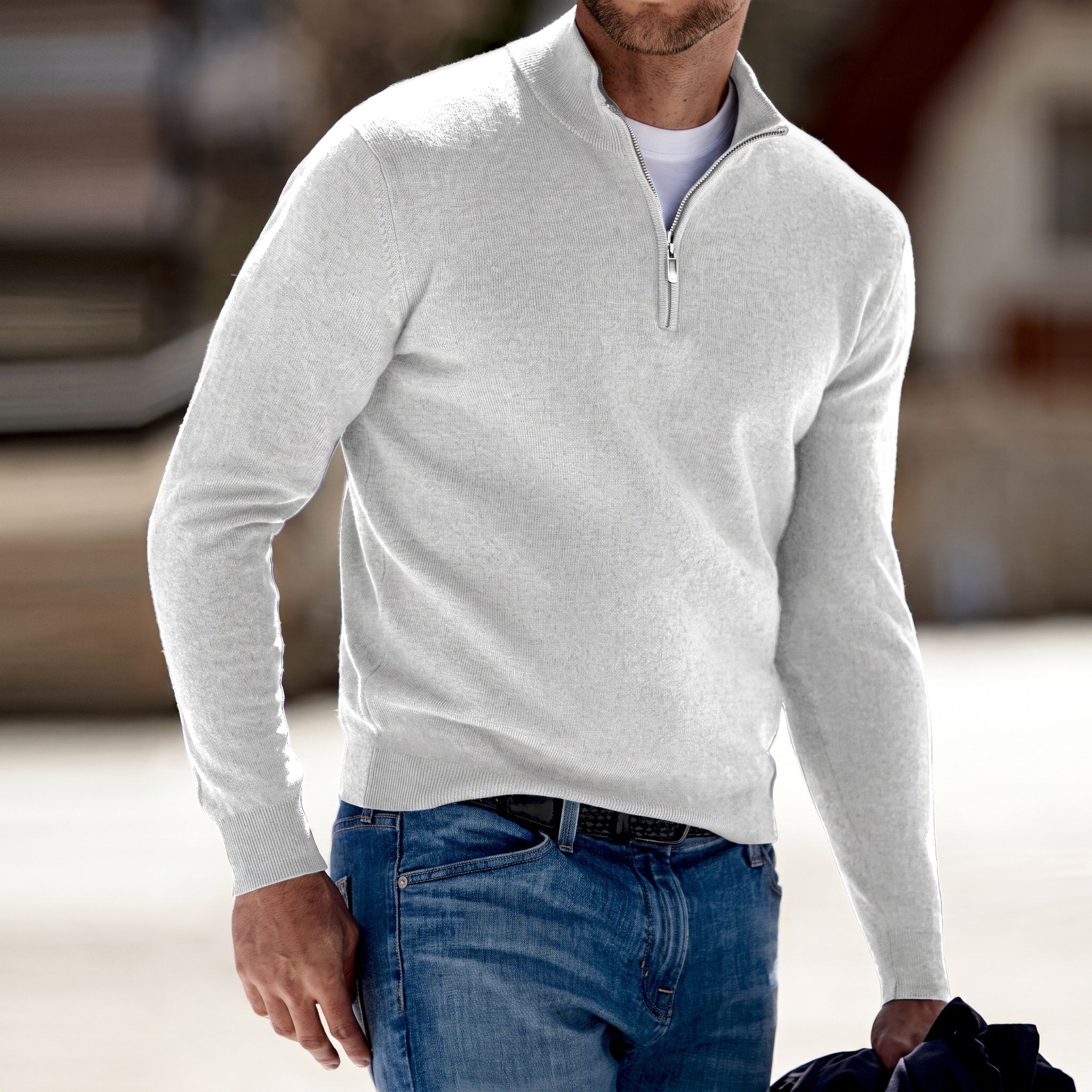 Oliver - Men's Quarter-Zip Knitted Jumper - Sweaters - White - Davies & Cooper