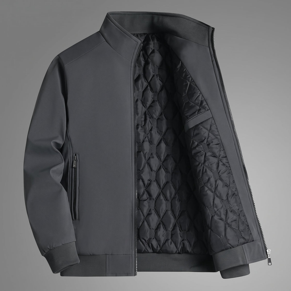 Oliver - Men's Quilted Zip-Up Jacket with Stand Collar - Sport Jackets - Grey - Davies & Cooper