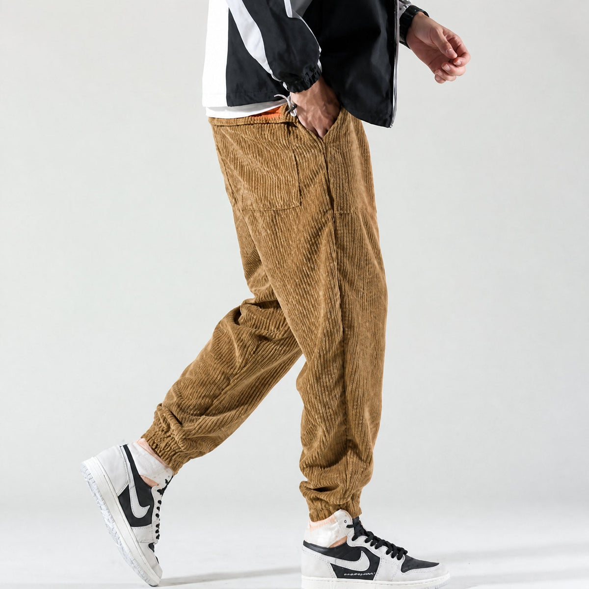 Oliver - Men's Ribbed Corduroy Jogger Trousers with Drawstring Waist - Joggers - Khaki - Davies & Cooper