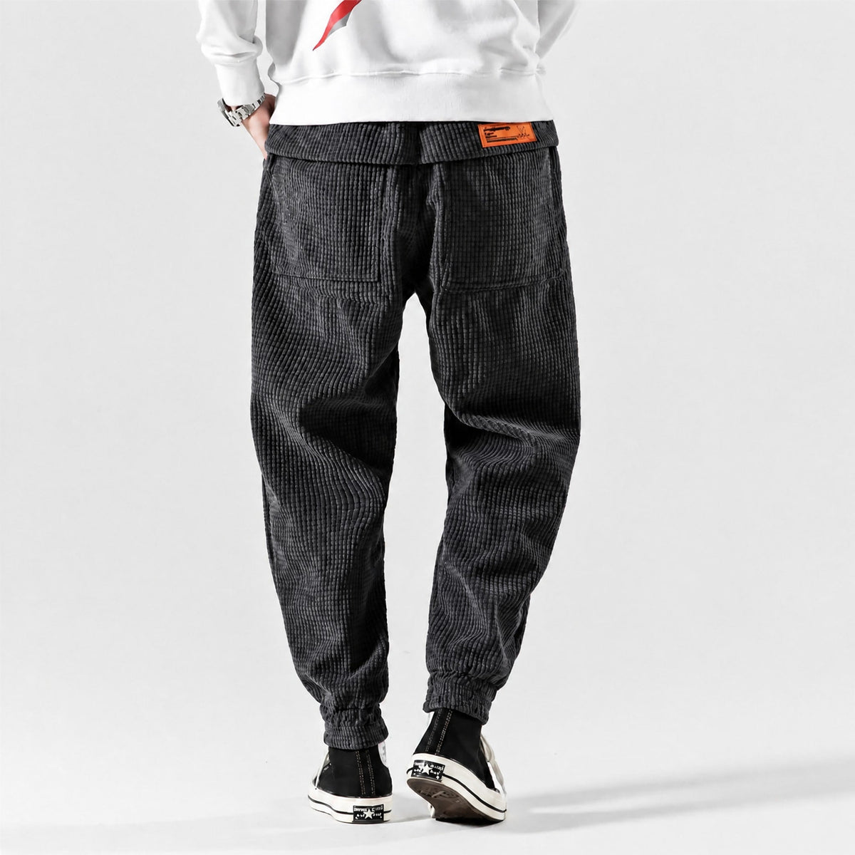Oliver - Men's Ribbed Corduroy Jogger Trousers with Drawstring Waist - Joggers - Black - Davies & Cooper