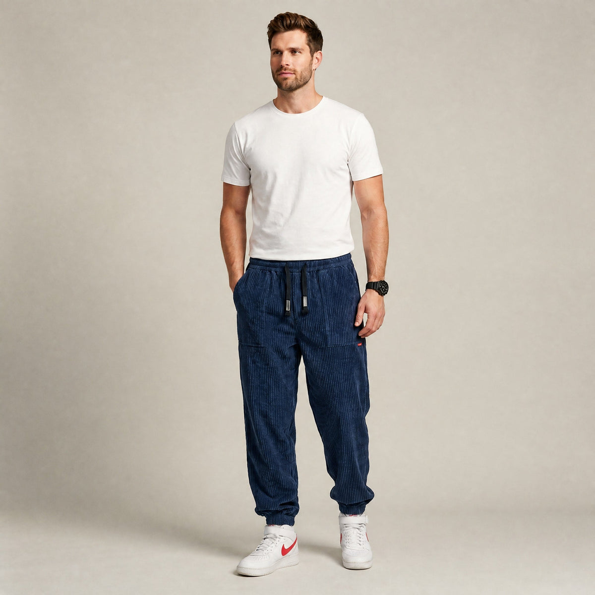 Oliver - Men's Ribbed Corduroy Jogger Trousers with Drawstring Waist - Joggers - Navy Blue - Davies & Cooper
