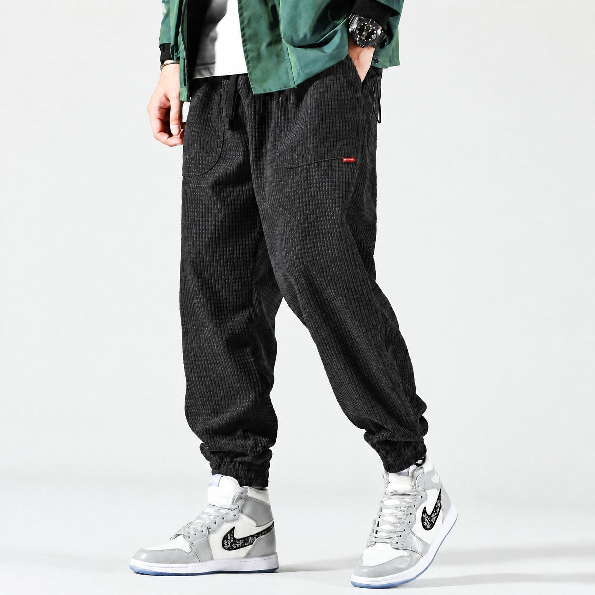Oliver - Men's Ribbed Corduroy Jogger Trousers with Drawstring Waist - Joggers - Black - Davies & Cooper