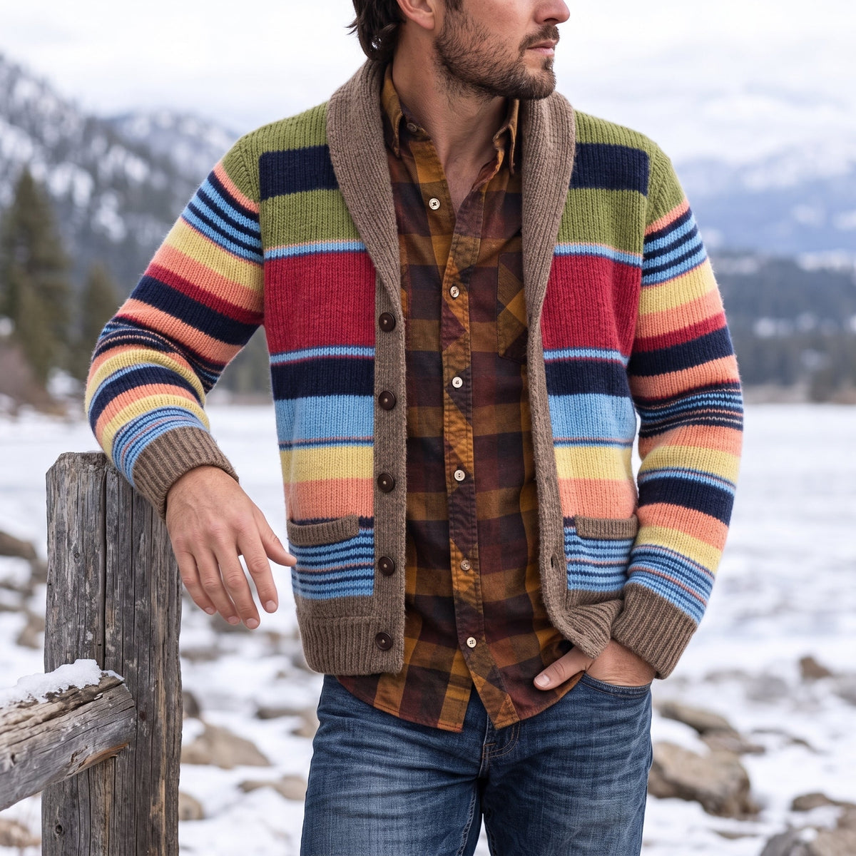 Oliver - Men's Shawl Collar Striped Knit Cardigan with Ribbed Cuffs - Cardigans - Brown - Davies & Cooper