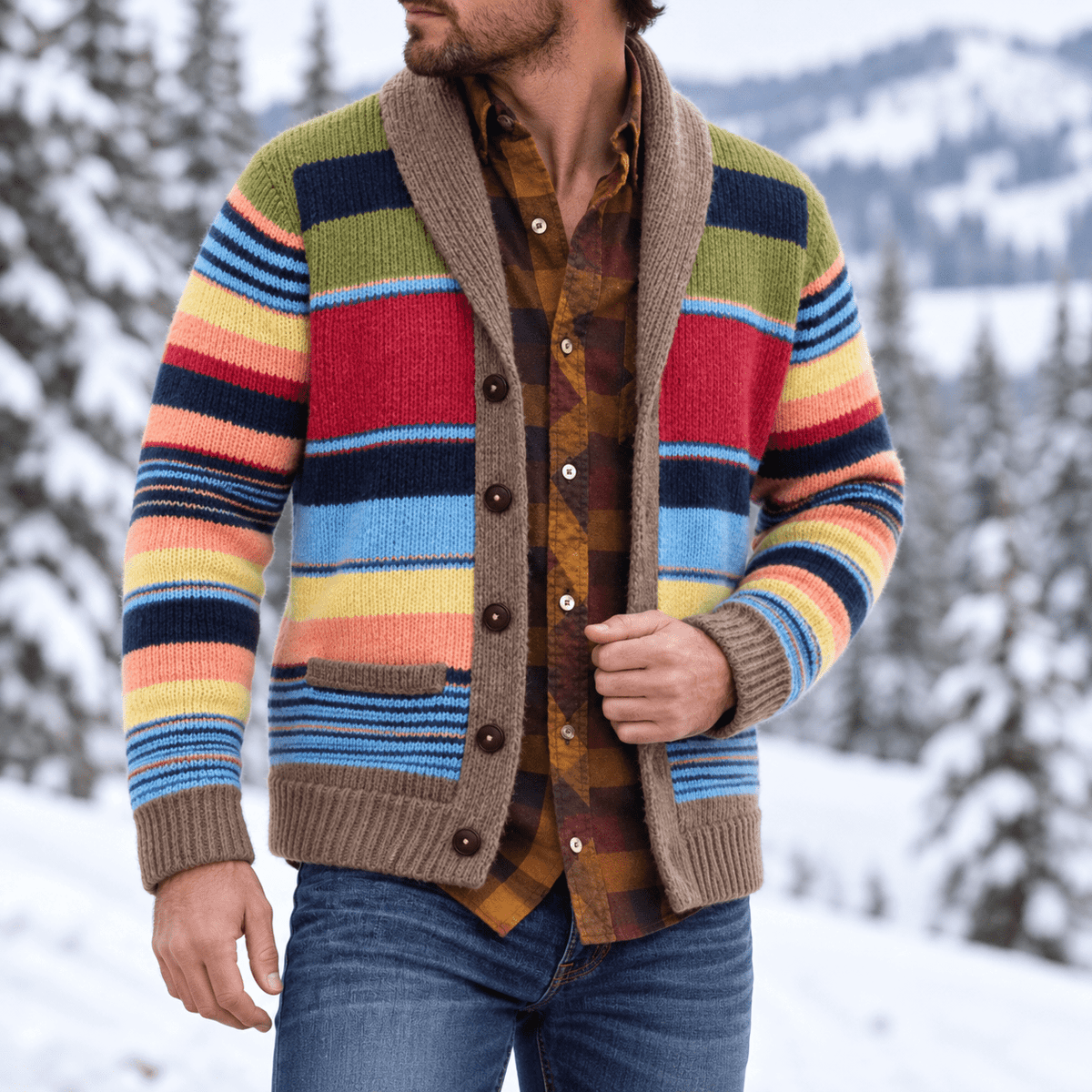 Oliver - Men's Shawl Collar Striped Knit Cardigan with Ribbed Cuffs - Cardigans - Brown - Davies & Cooper