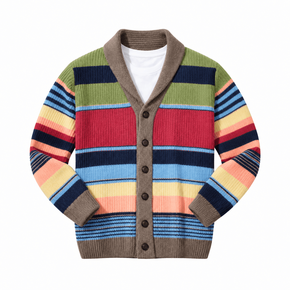 Oliver - Men's Shawl Collar Striped Knit Cardigan with Ribbed Cuffs - Cardigans - Brown - Davies & Cooper