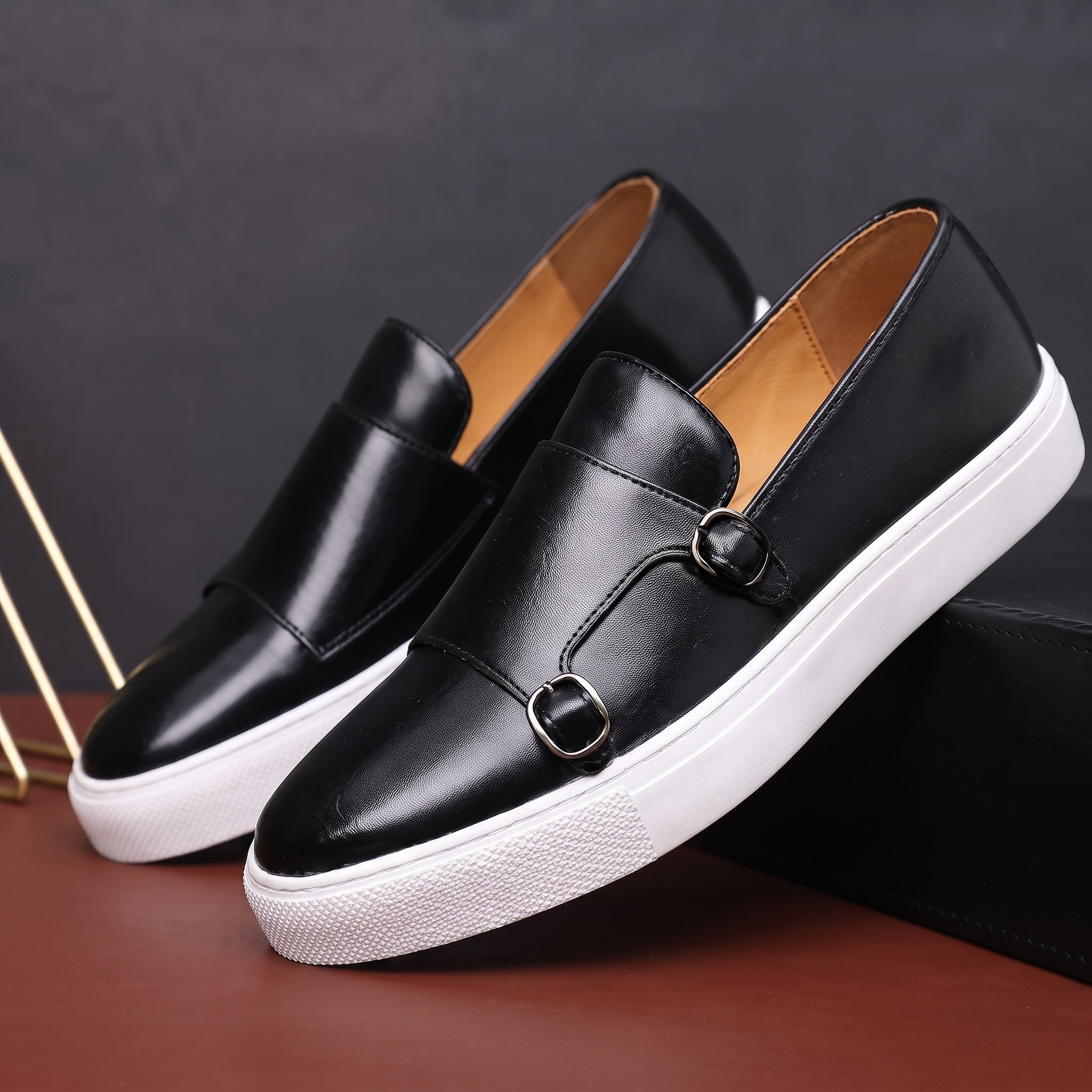 Oliver - Men's Smart Casual Double Monk Strap Loafers - Shoes men - Black - Davies & Cooper