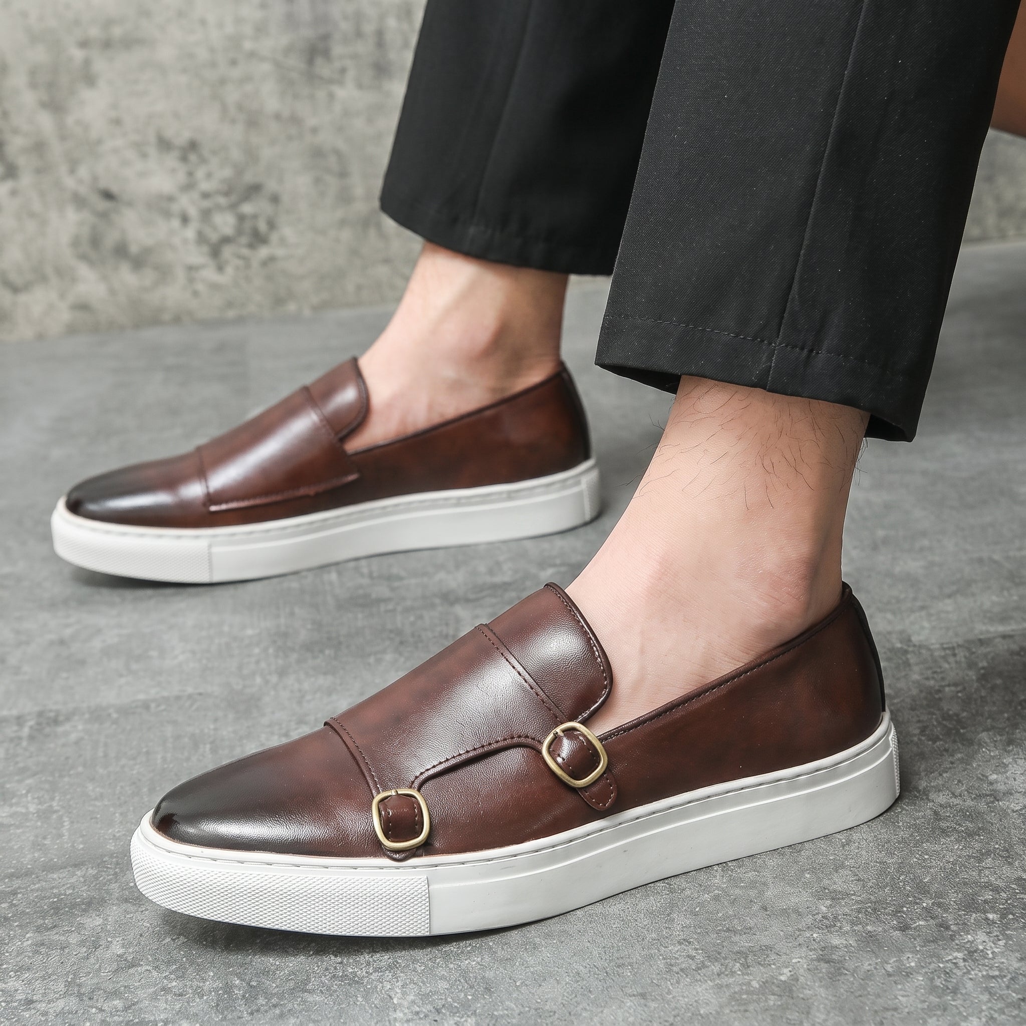 Oliver - Men's Smart Casual Double Monk Strap Loafers - Shoes men - Dark Brown - Davies & Cooper
