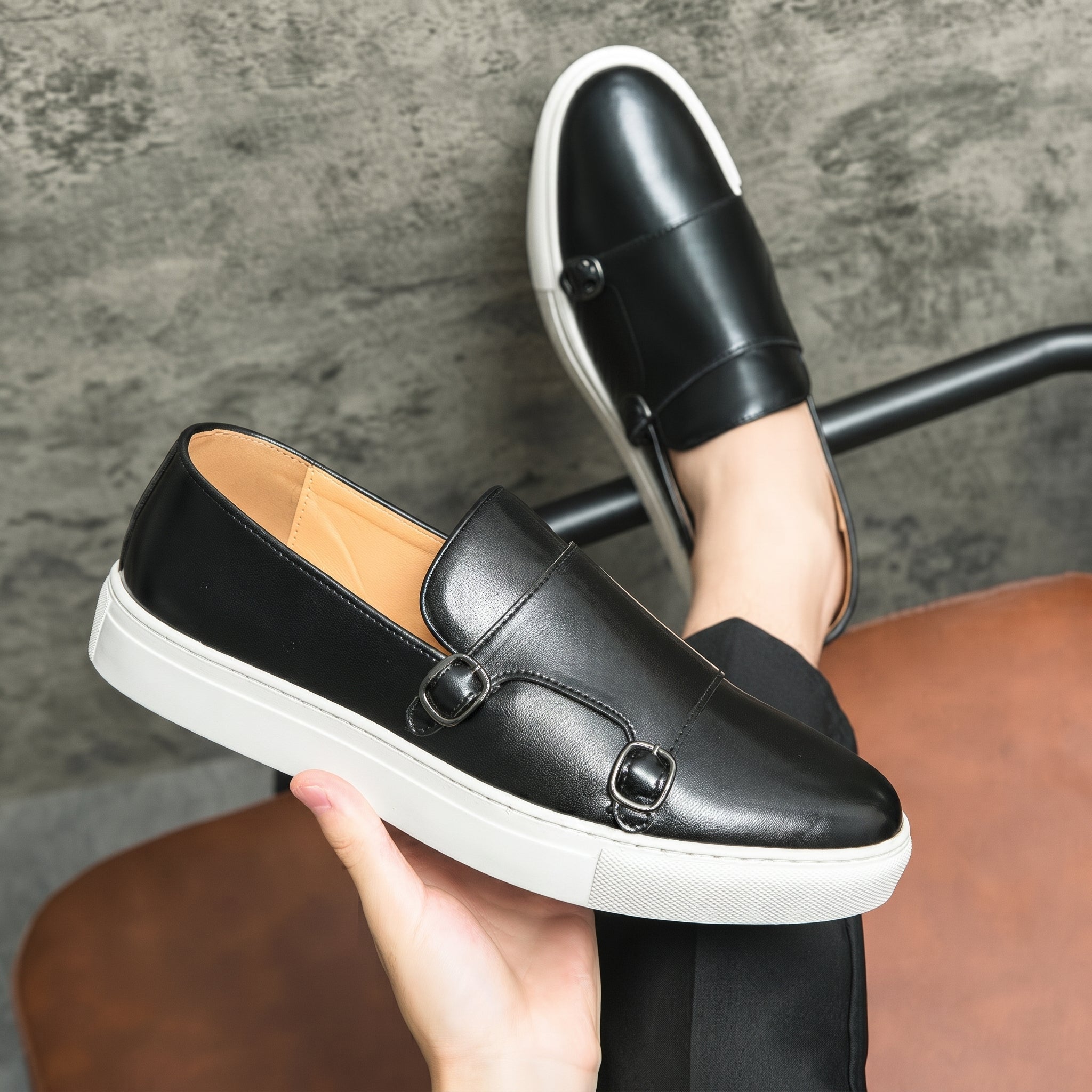 Oliver - Men's Smart Casual Double Monk Strap Loafers - Shoes men - Black - Davies & Cooper