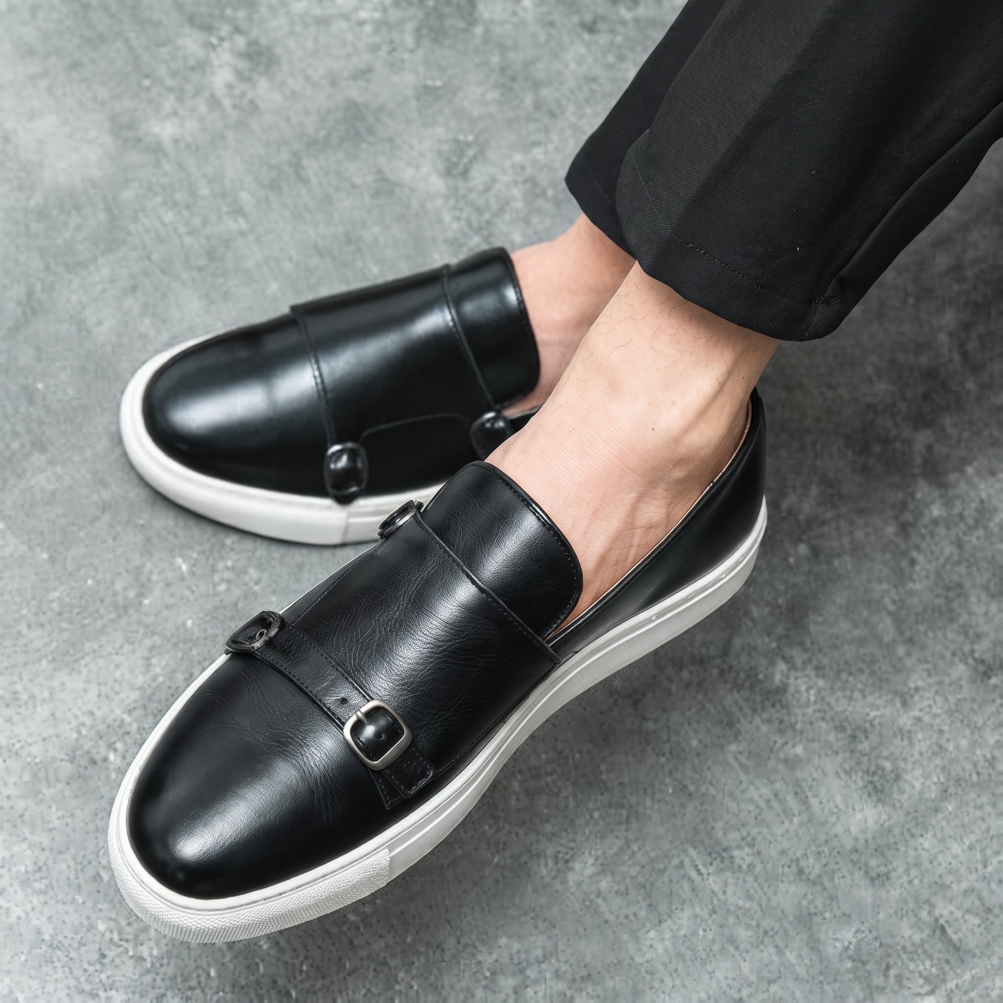 Oliver - Men's Smart Casual Double Monk Strap Loafers - Shoes men - Black - Davies & Cooper